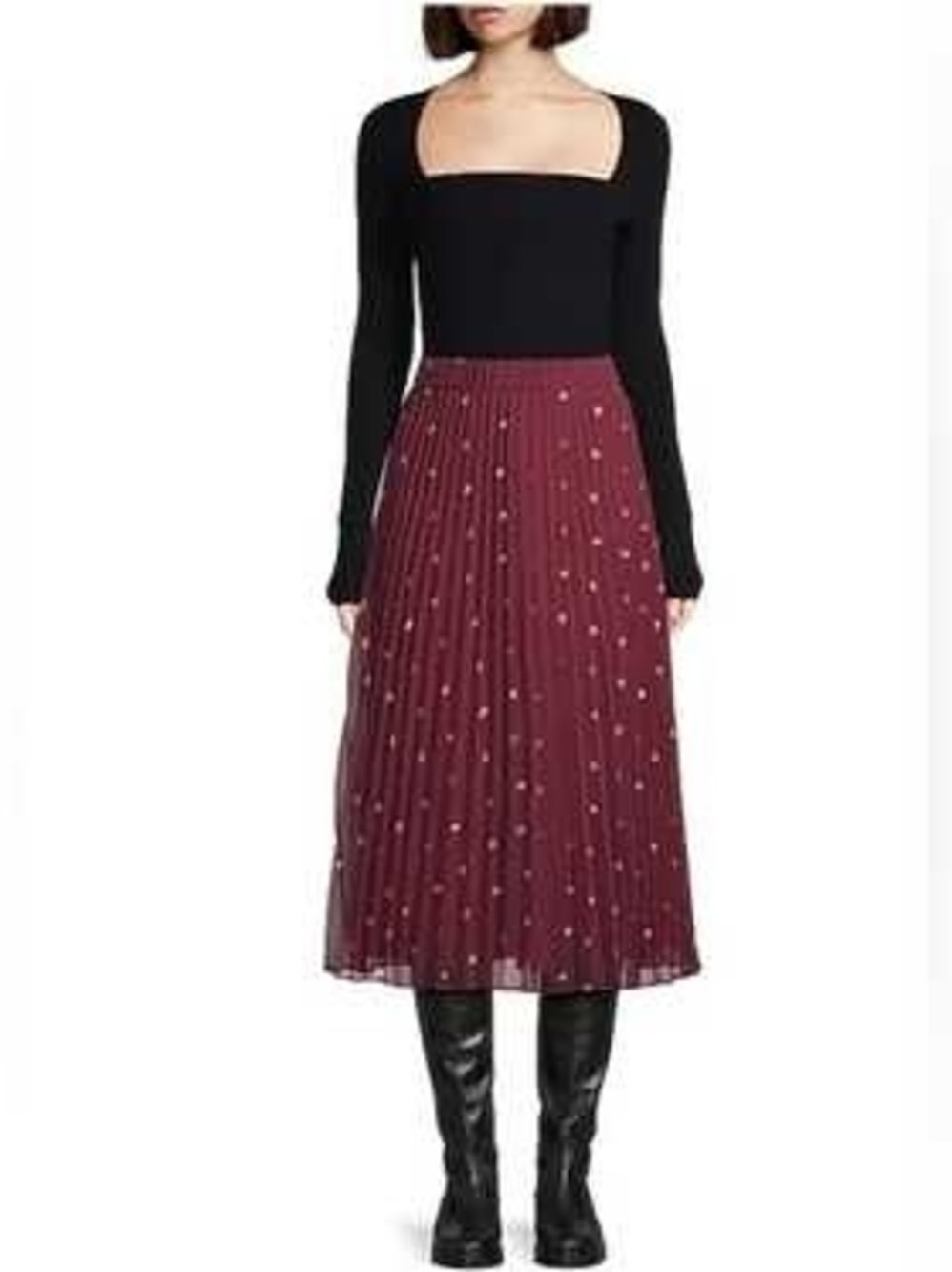 Jason Wu Burgundy Pleated Midi Skirt with Metallic Dot Accents